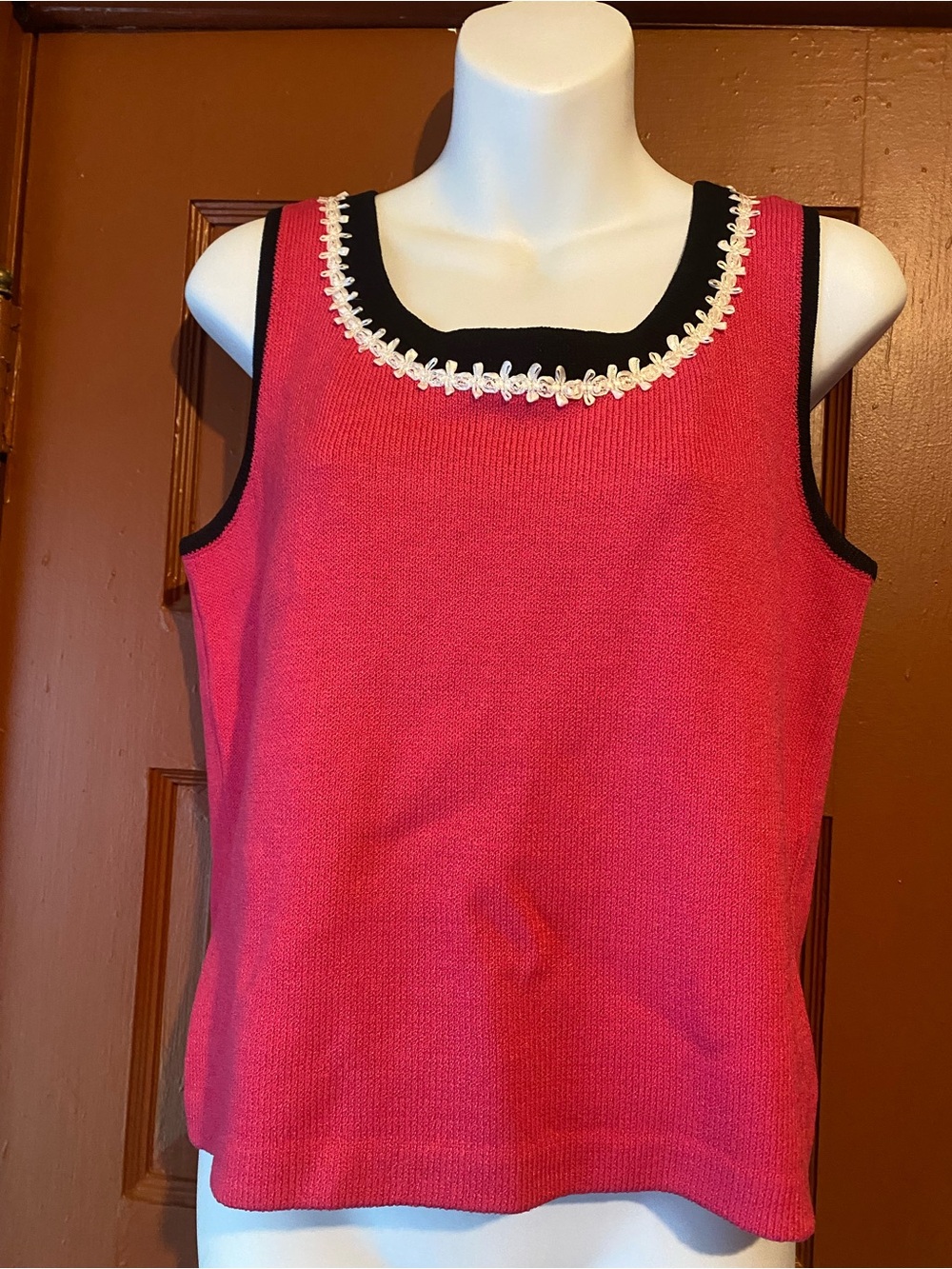 St. John Pink Tank with Black Trim and White Floral Neckline